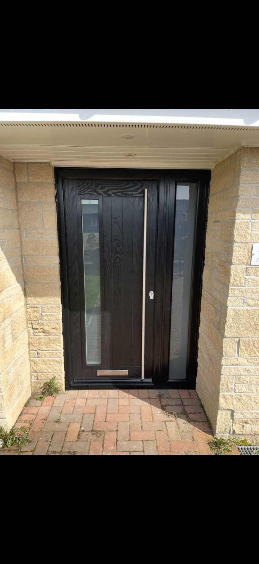 Contemporary black entrance door with sidelight